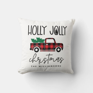 Coussin Buffalo Plaid Rouge Vintage Nom du camion Holiday