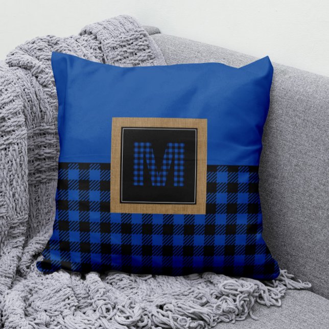 Coussin Buffle bleu classique plaqué En vichy Monogramme (Monogram Blue and Black Buffalo Check Pillow )
