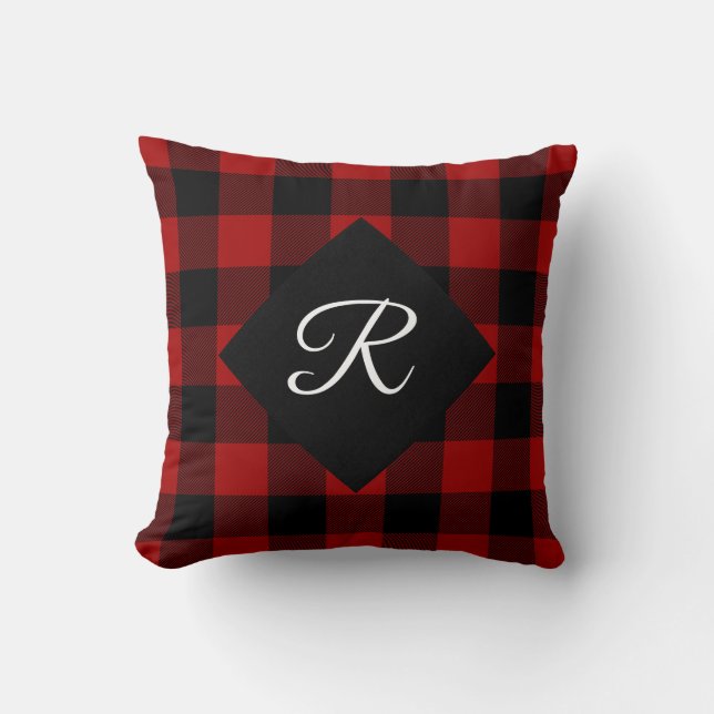 Coussin Buffle rouge et noir Plaid avec monogramme (Recto)