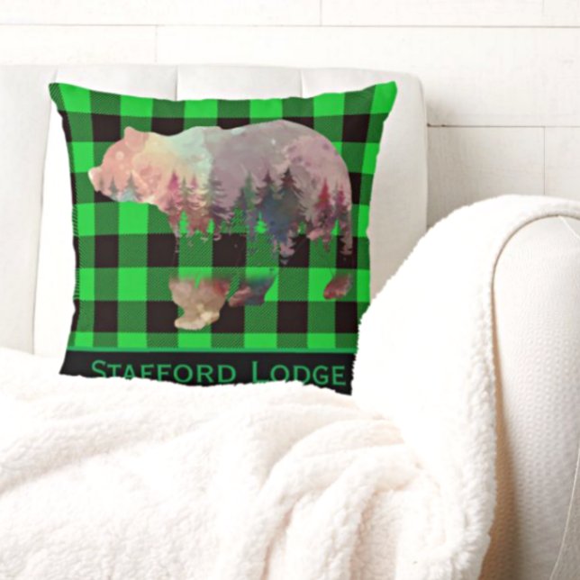 Coussin Buffle vert personnalisé Plaid Bear Wilderness (Créateur téléchargé)