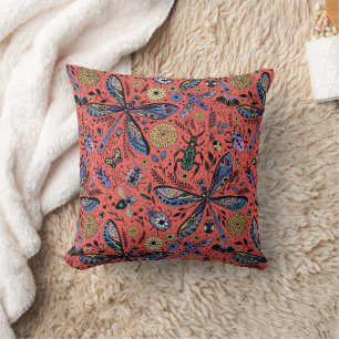 Coussin Bugs de Doodle sur corail rouge