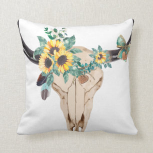 Coussin Bull Skull Sunflowers