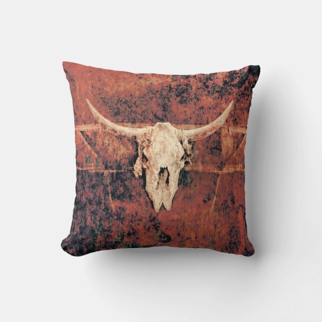 Coussin Bull Skull Western Pays Brown Black Rustic Art (Recto)