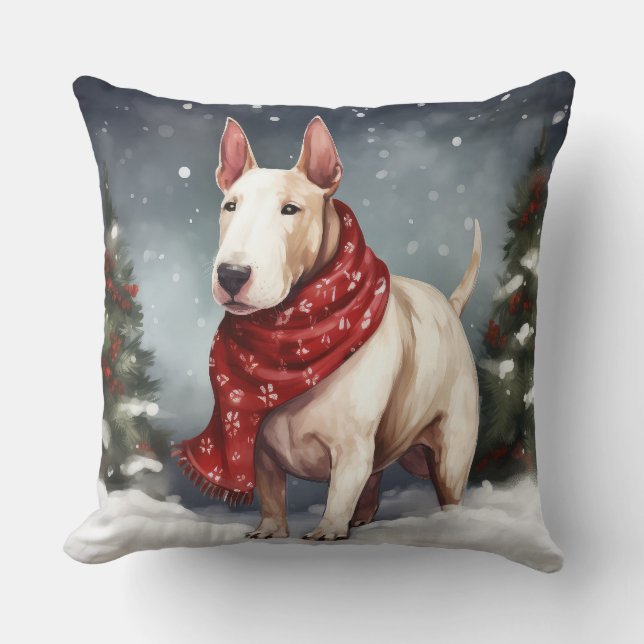 Coussin Bull Terrier Chien à Noël de neige (Recto)