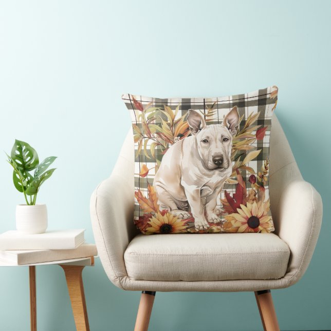 Coussin Bull Terrier Chien Automne Aquarelle Fleurs (Chaise)