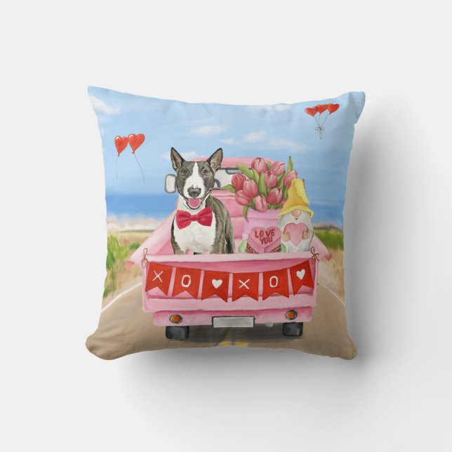 Coussin Bull Terrier Chien Saint-Valentin Camion Cœurs (Recto)