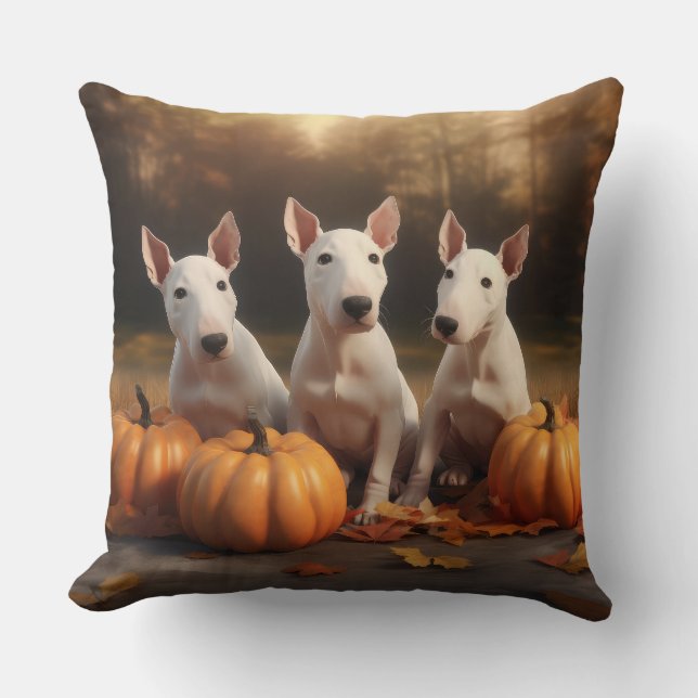 Coussin Bull Terrier Chiot Automne Citrouille de plaisir (Recto)