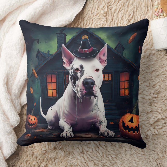 Coussin Bull Terrier Citrouilles Halloween Épouvantable (Couverture)