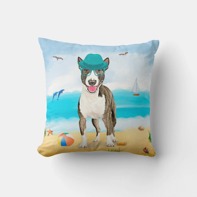 Coussin Bull Terrier sur la plage (Recto)
