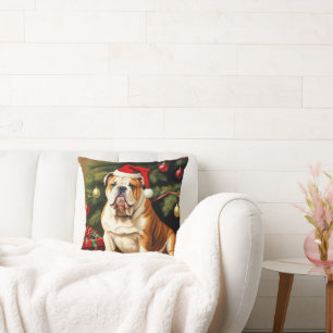 Coussin Bulldog anglais à Santa hat,