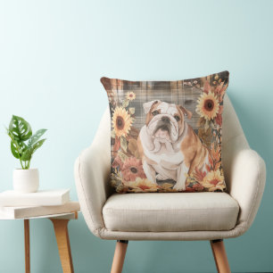 Coussin Bulldog Automne Aquarelle Fleurs