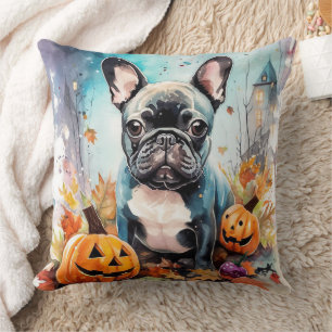 Coussin Bulldog français d'Halloween avec citrouilles effr