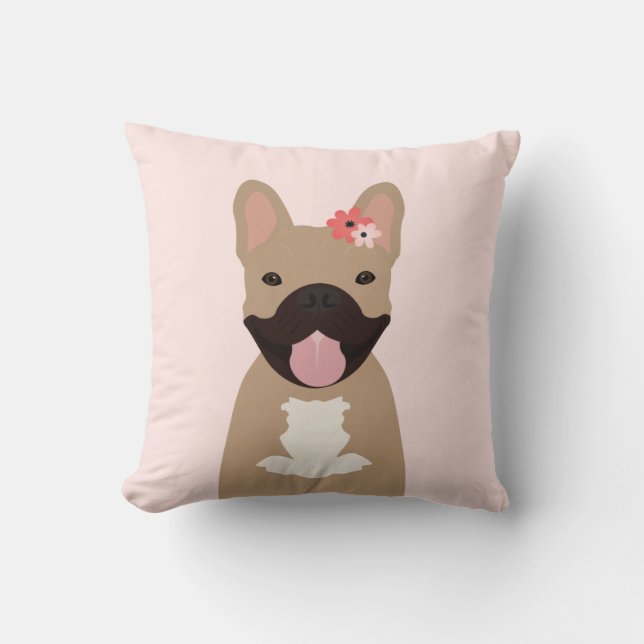 Coussin Bulldogs français Fleurs souriantes rose (Recto)
