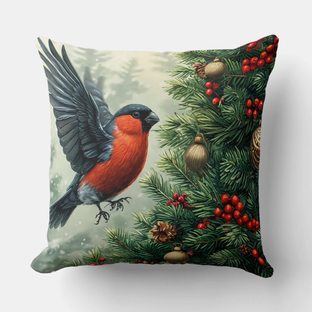Coussin Bullfinch perché sur l'arbre de Noël décoré (Recto)