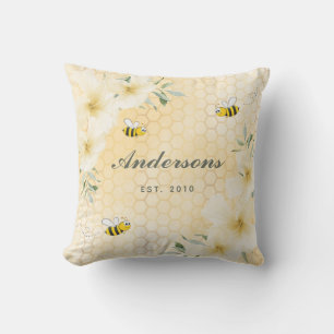 Coussin Bumble abeilles jaune nid d'abeille monogramme flo