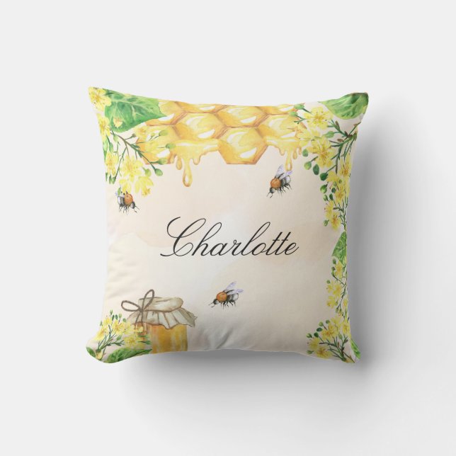 Coussin Bumble abeilles miel jaune nom floral script (Recto)