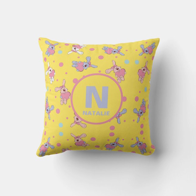 Coussin Bunnies roses et pourpres Jaunes Enfants Monogramm (Verso)