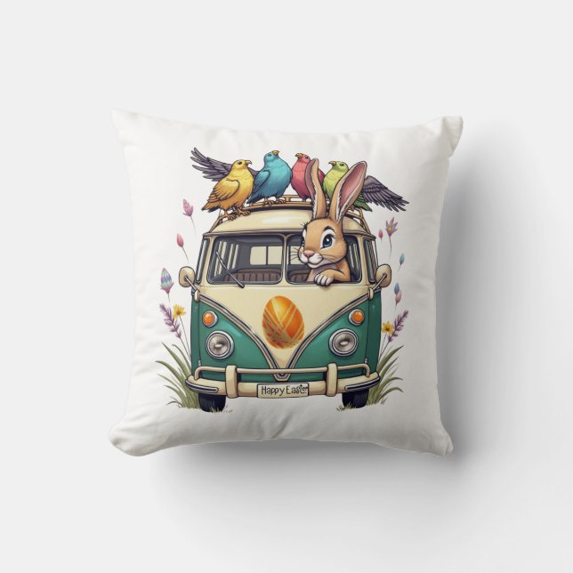 Coussin Bunny de Pâques dans un bus avec des amis d'oiseau (Recto)