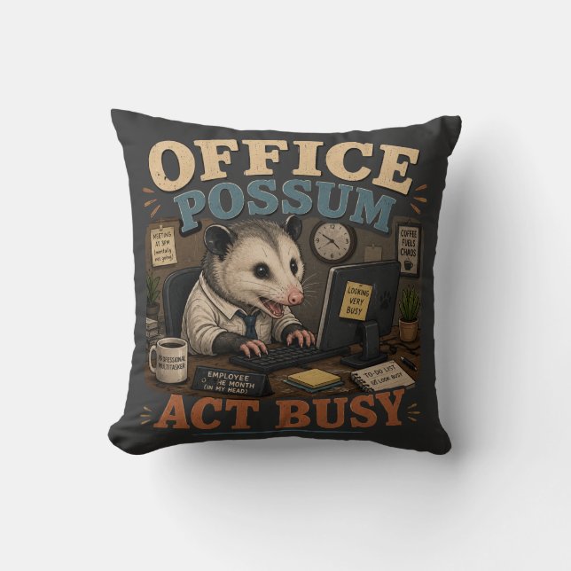 Coussin Bureau Possum "Faire semblant de travailler" Drôle (Recto)