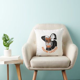 Coussin Burger Blender Linocut Style de Vie Sain Drôle 