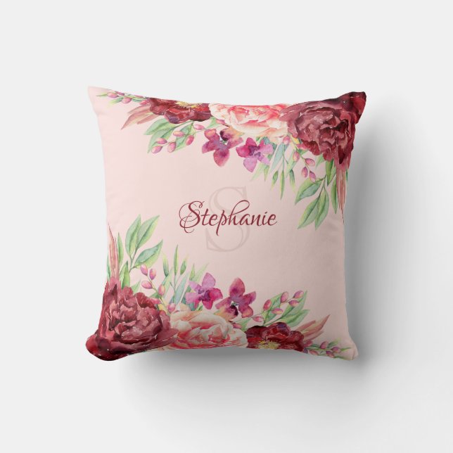 Coussin Burgundy Blush Nom Floral Monogramme (Recto)