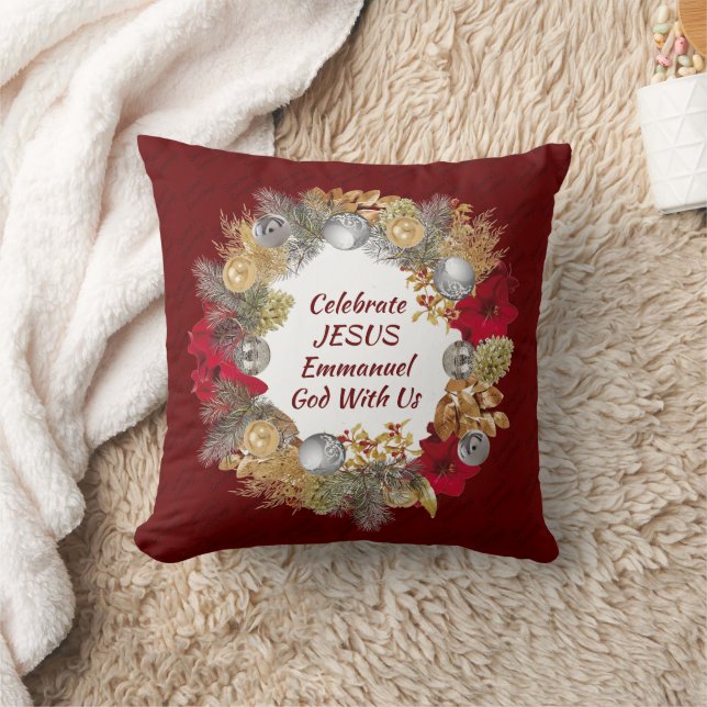 Coussin Burgundy CÉLÉBRER JÉSUS Wreath de Noël (Couverture)
