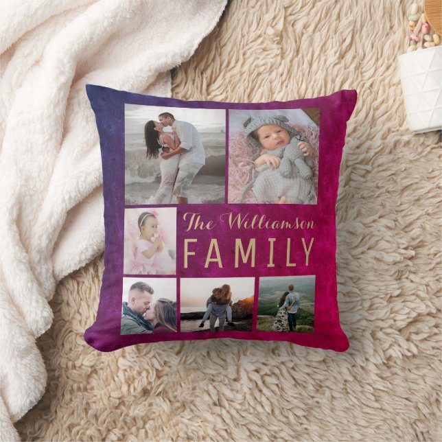 Coussin Burgundy Gold Family Photo Collage Throw Pillow (Couverture)