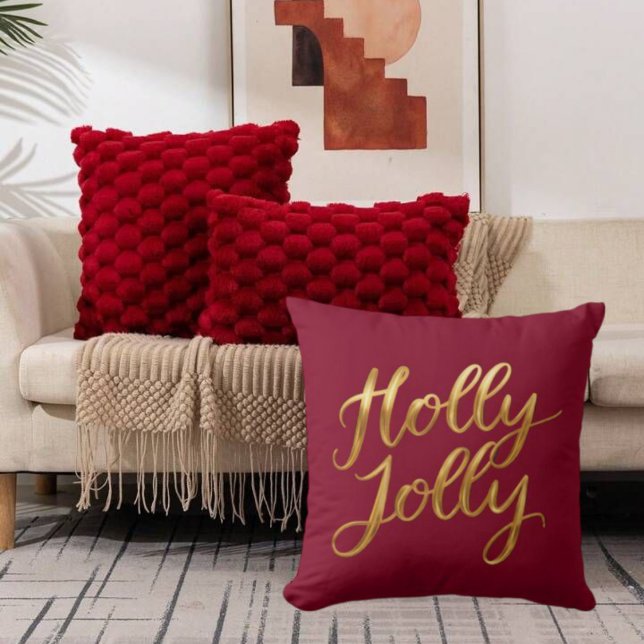 Coussin Burgundy Holly Jolly - Décor de Vacances Script Or (Burgundy Holly Jolly - Gold Script Holiday Decor Throw Pillow)