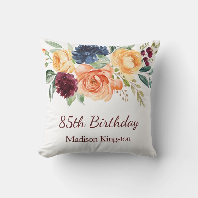 Coussin Burgundy Navy Peach Floral 85th Birthday Party (Recto)