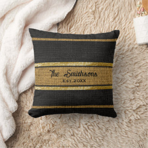 Coussin Burlap Brown Rustique Black Gold Nom de famille pe