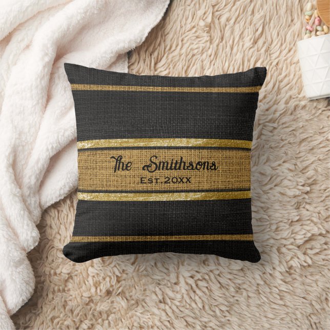 Coussin Burlap Brown Rustique Black Gold Nom de famille pe (Couverture)