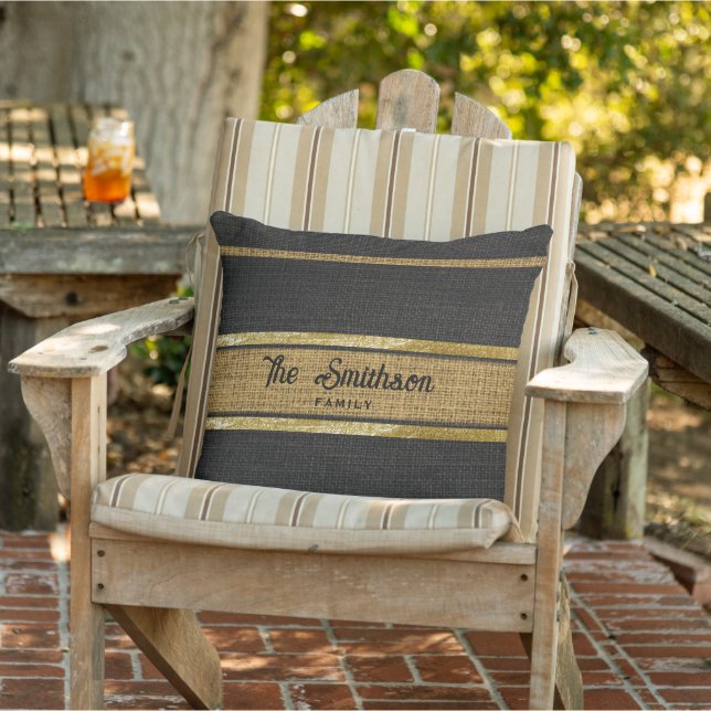 Coussin Burlap Brown Rustique Black Gold Nom de famille pe (Chaise)