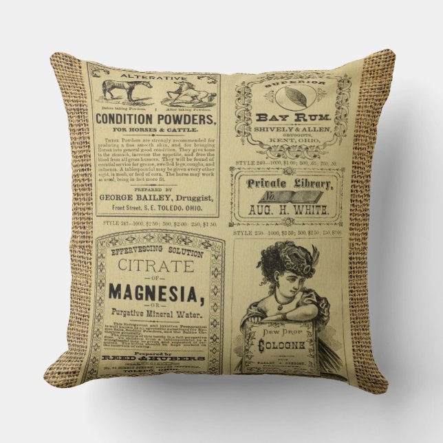 Coussin Burlap du journal vintage (Recto)