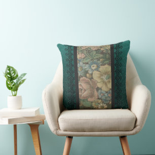 Coussin Burlap floral vintage et Turquoise foncé