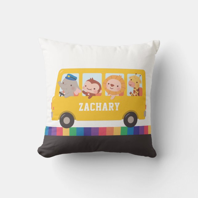 Coussin Bus Scolaire Jaune Avec Enfants Animaux Mignons (Recto)