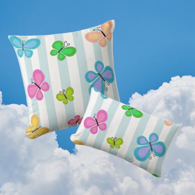 Coussin Butterfly Dreams Blue Stripe (Charming colorful folk art butterflies!)