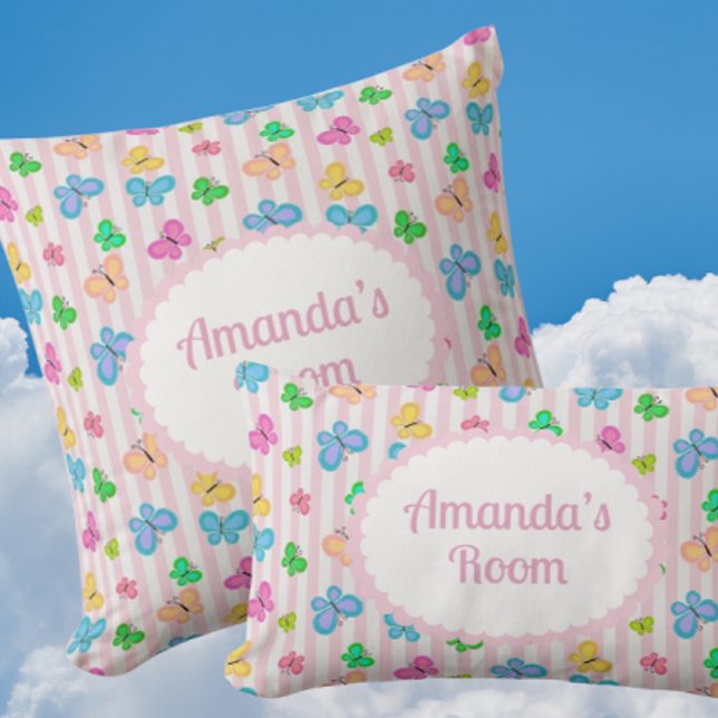 Coussin Butterfly Dreams Personalized Pink Stripe  (Personalize these sweet pillows for someone special!)