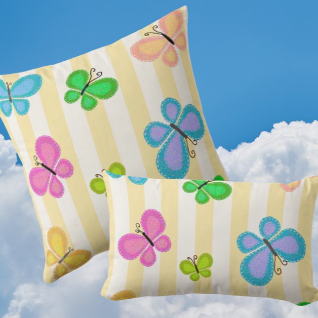 Coussin Butterfly Dreams Yellow White Stripe (Folk art butterflies on sunny yellow white stripe)