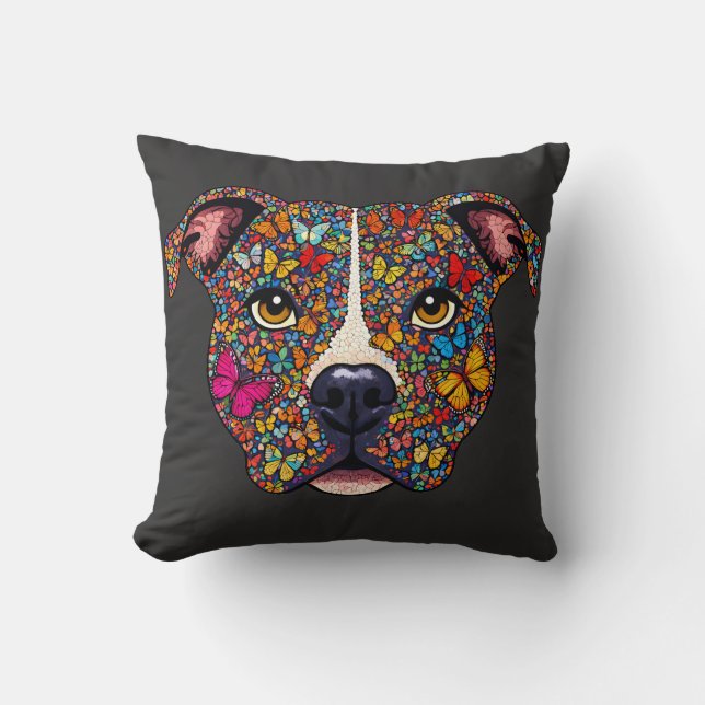 Coussin Butterfly Kaleidoscope Pitbull Portrait -Bully Mom (Recto)