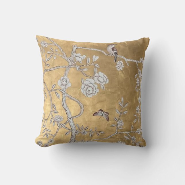 Coussin Butterfly & Sparrow Golden Oriental Garden Scène (Recto)