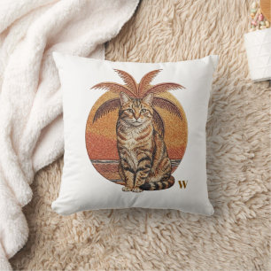 Coussin "C" brodé personnalisé Chat & Palmier Coucher de s