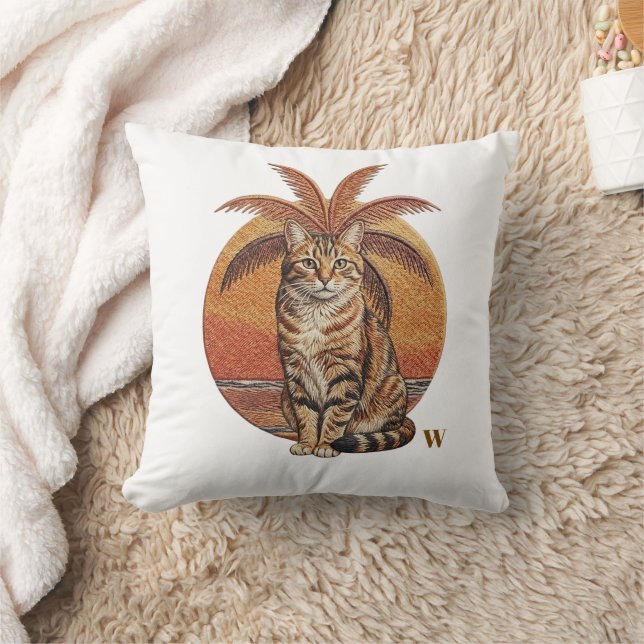 Coussin "C" brodé personnalisé Chat & Palmier Coucher de s (Couverture)