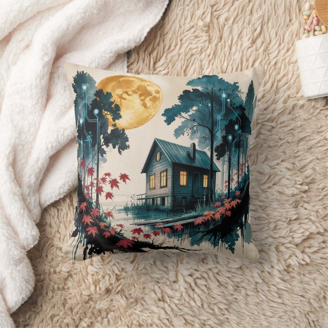 Coussin Cabane au clair de lune Forêt japonaise Art (1) (Couverture)