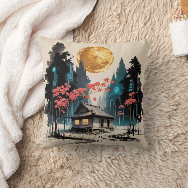 Coussin Cabane au clair de lune, forêt japonaise, art (9) (Couverture)