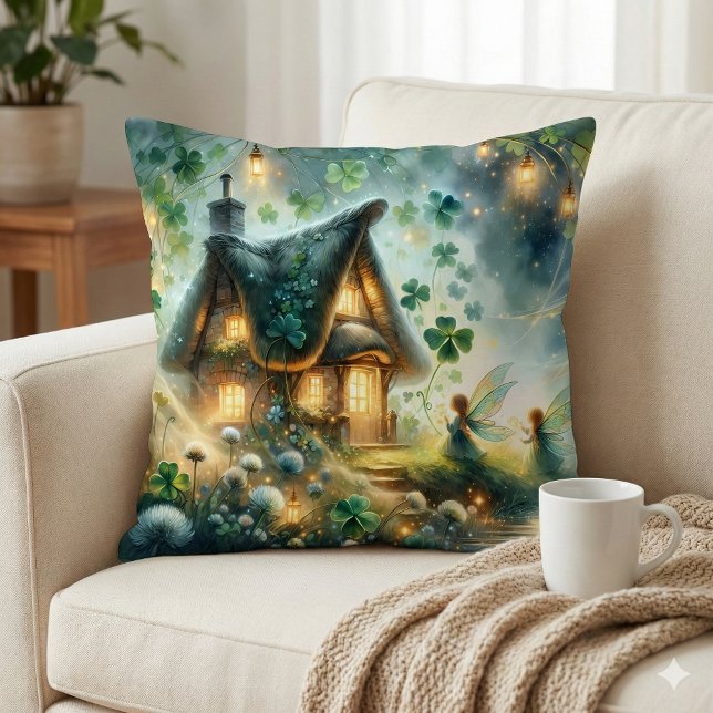Coussin Cabane de fée du trèfle lumineuse (Shamrock Fairy Cottage Glow Throw Pillow Mockup A)