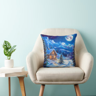 Coussin Cabane de Noël sous la lune hivernale enneigée