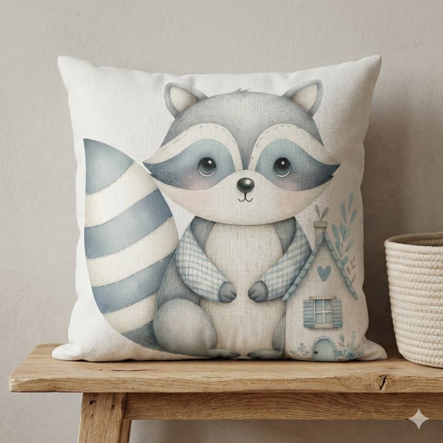 Coussin Cabane de Raton Laveur Pastel Scène de Forêt Neutr (Pastel Raccoon Cottage Neutral Woodland Scene Throw Pillow Mockup A)
