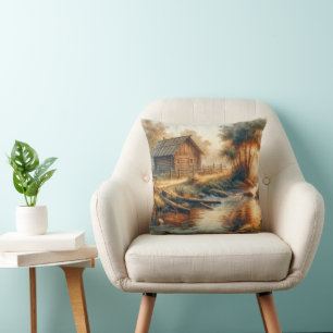 Coussin Cabane en rondins à l'aquarelle dans la brume du m