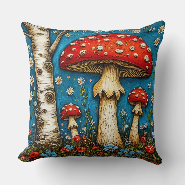 Coussin Cabane fantaisiste au cœur de la forêt Champignons (Recto)