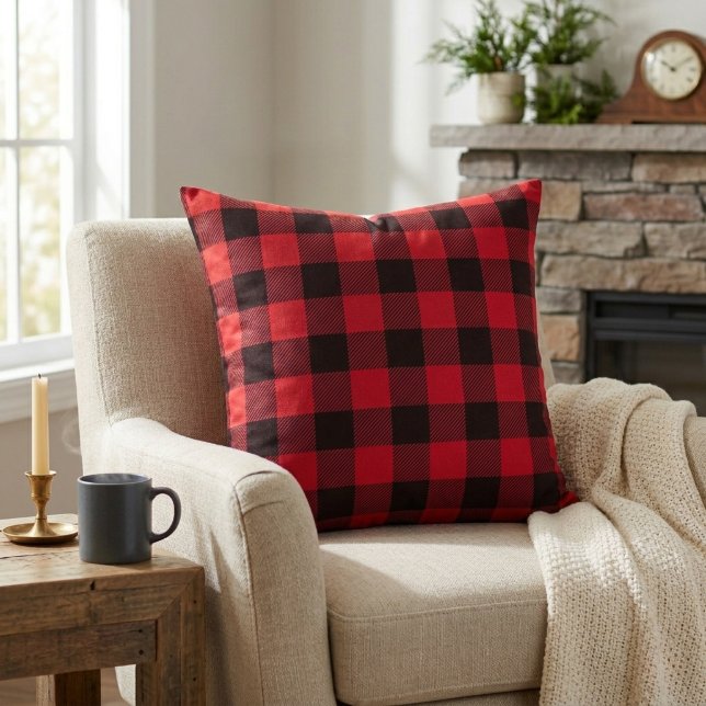 Coussin Cabane rustique carreaux rouge et noir de bison (Rustic Cabin Red and Black Buffalo Plaid Throw Pillow)